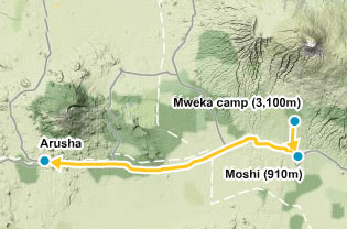 Map showing route from Mweka camp to Moshi to Arusha