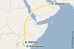 Map showing route from Kilimanjaro to Nairobi to Sharjah